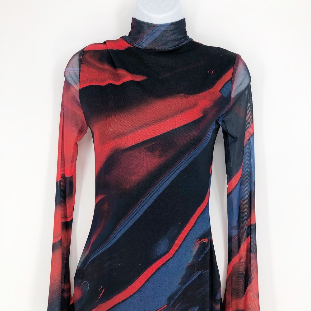 EDIKTED Sparks Fly Mesh Minidress Small Red Mock Neck Abstract NWOT - Picture 5 of 9